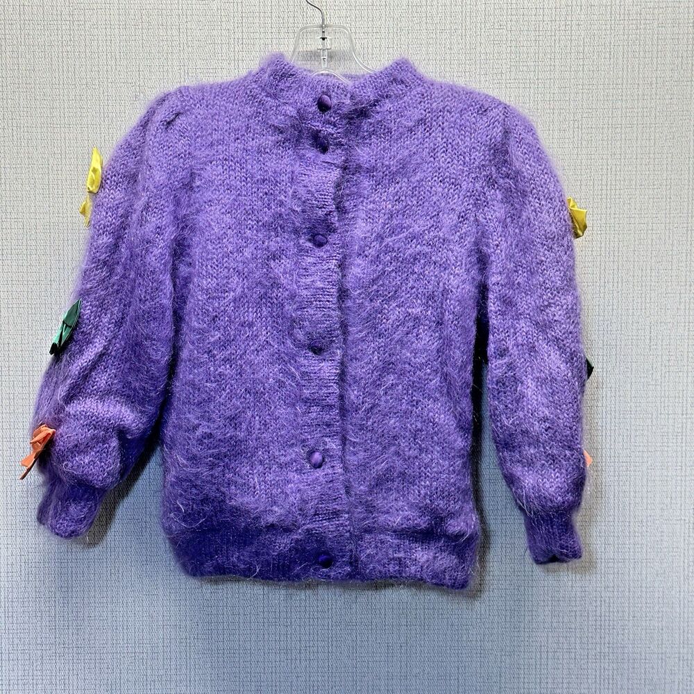 Please‎ Mum London Purple Mohair Blend Cardigan Bows Pockets Girls (Measured)